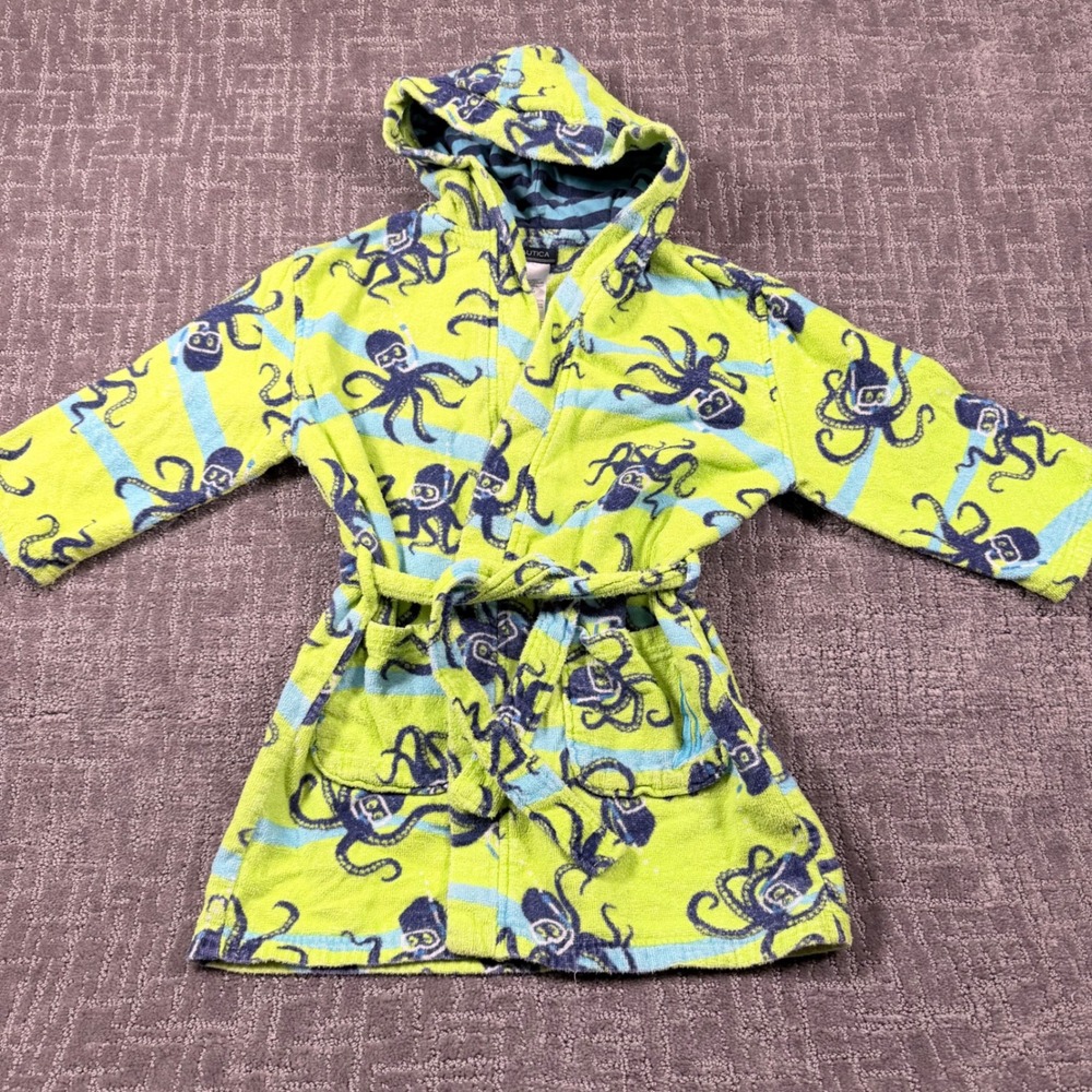 Nautica Kids Octopus Hooded Bath Robe Size 7/8 Terry Cloth Blue Green
